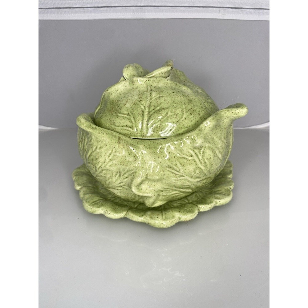 Vintage Holland Mold 3 Piece Green Cabbage Shaped Bowl w/ Lid and Underplate